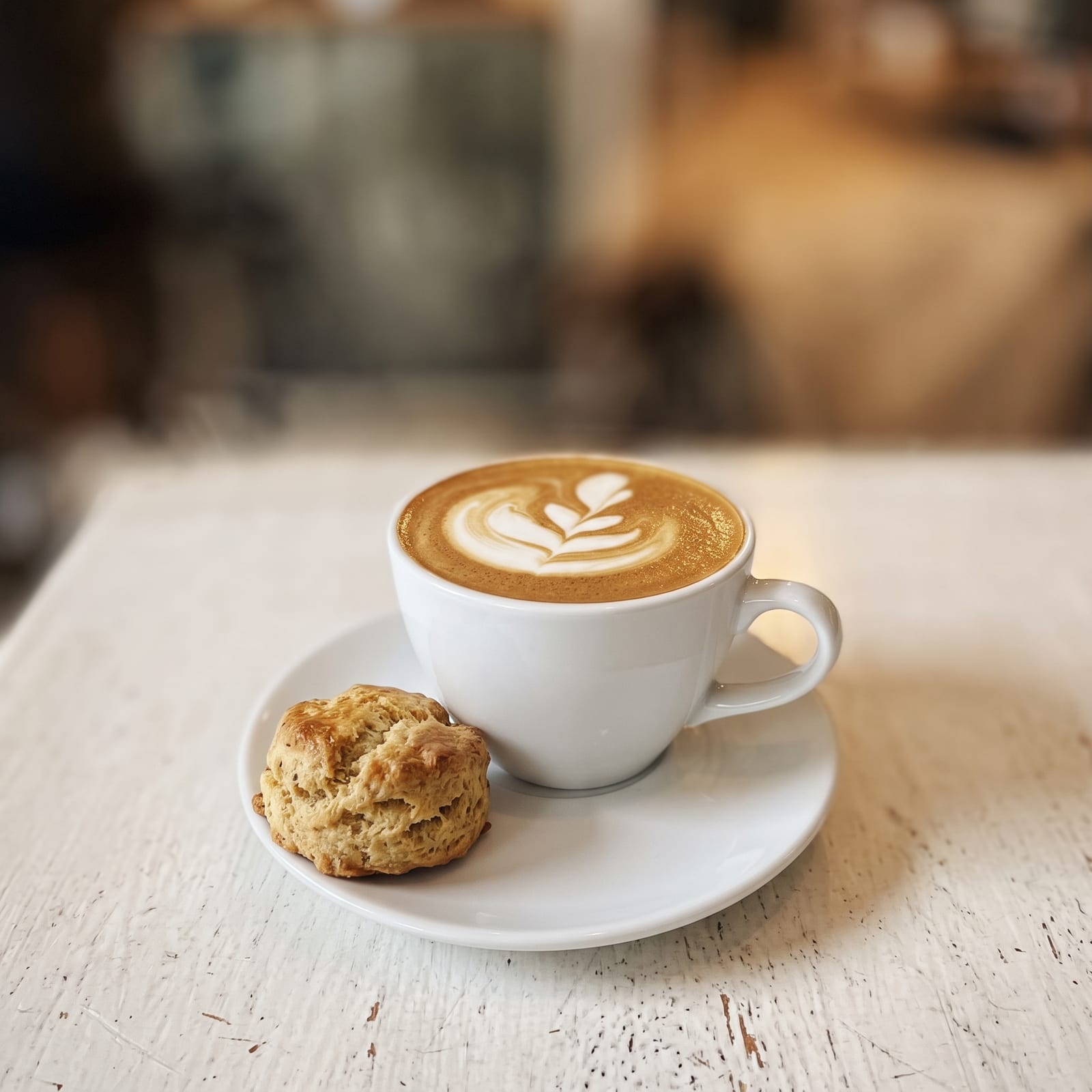 A latte with leaf-pattern foam art and a freshly baked scone on a white saucer