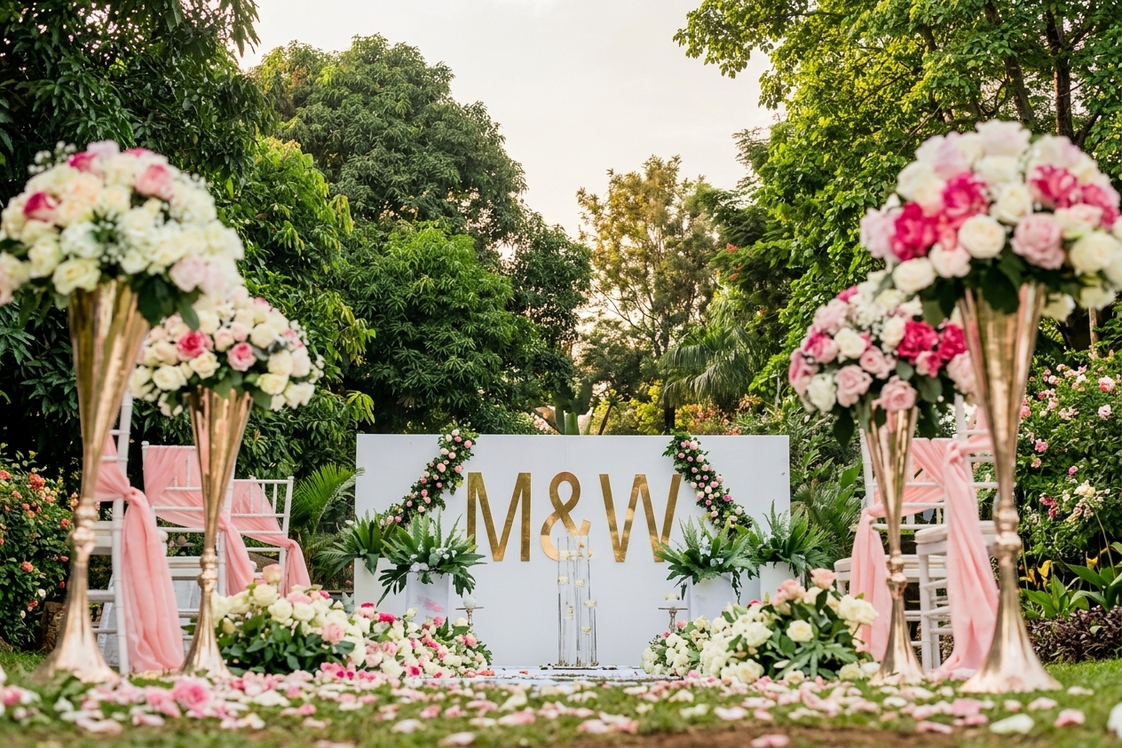 Garden wedding ceremony with floral arrangements and a monogrammed backdrop